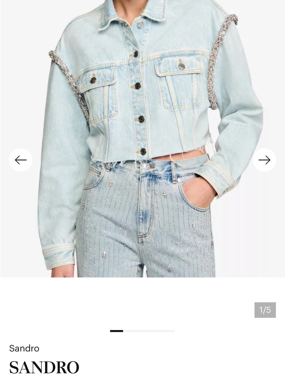 Sandro Light Wash Cropped Denim Jacket with Crystal-Embellished Straps